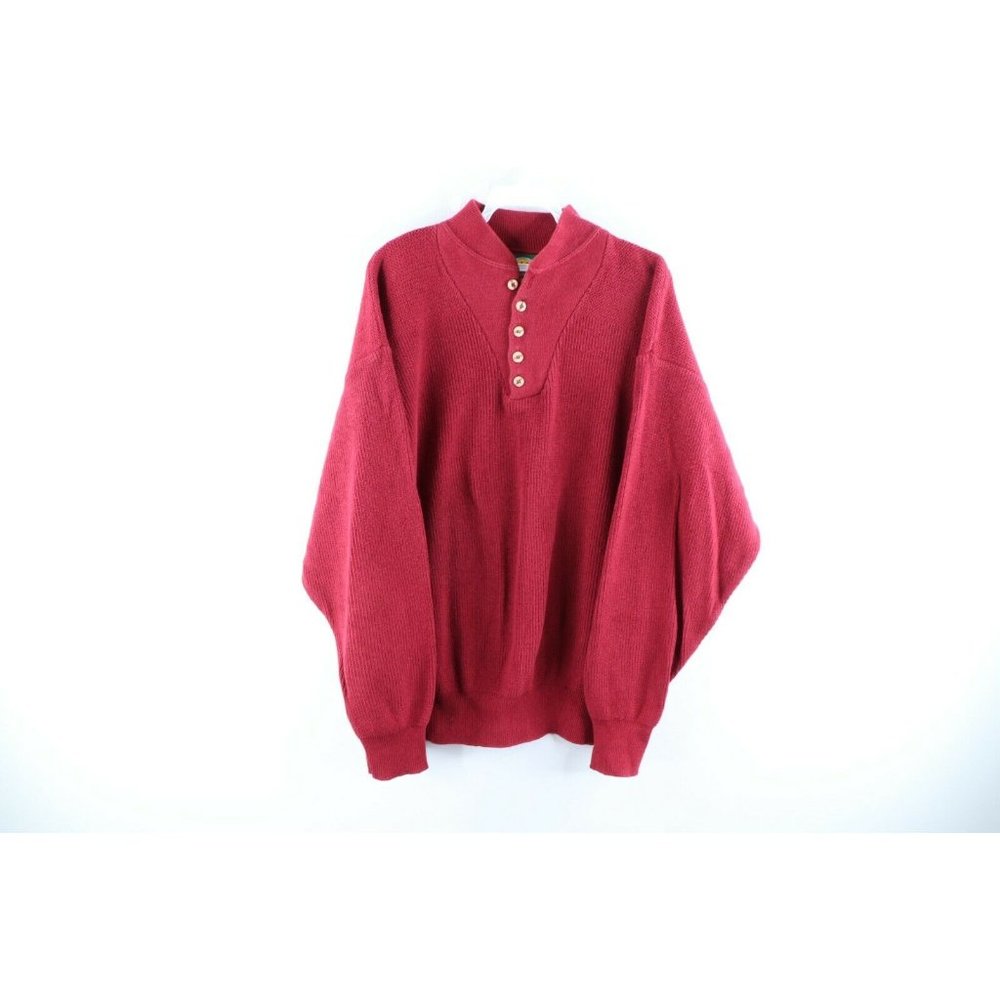 Vintage 90s Cabelas Mens XL Faded Blank Cotton Knit Pullover Henley Sweater Red